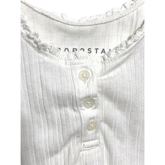 Aeropostale White Cropped Tank Top XS Henley Ribbed Ruffles Y2K Dainty Festival - Picture 4 of 7